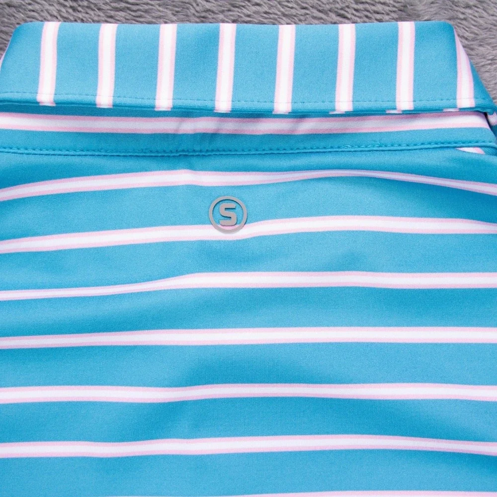 Stitch Mens M Blue Pink White Stripe Short Sleeve Golf Polo Shirt - Picture 11 of 12